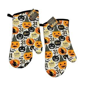 NWT Set of 2 Kitchen Halloween Pot Holders Oven Mitts Pumpkin